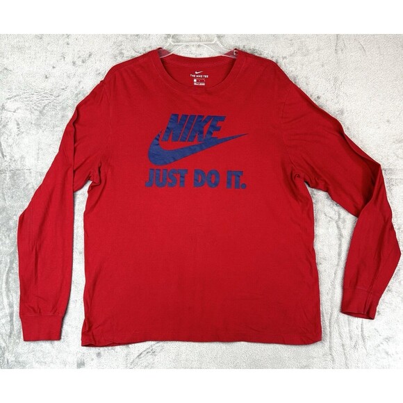 Nike Tee Shirt Large Men's Red Maroon Long Sleeve Swoosh Just Do It Casual - Picture 1 of 7